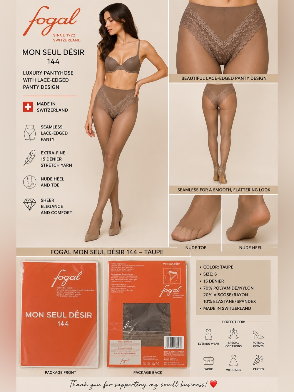 Fogal Mon Seul Désir 144 Pantyhose Taupe Size S Lace 15 Denier Swiss NIP